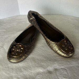 Tory Burch Reva Ballet Flats Metallic Gold Black Women’s Size 10M